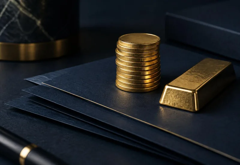 Stack of gold coins and a gold ingot resting on layered navy documents