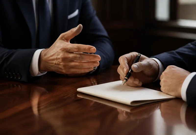 Two attorneys conferring across a polished conference table