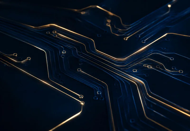 Gold circuit traces flowing across a dark navy surface